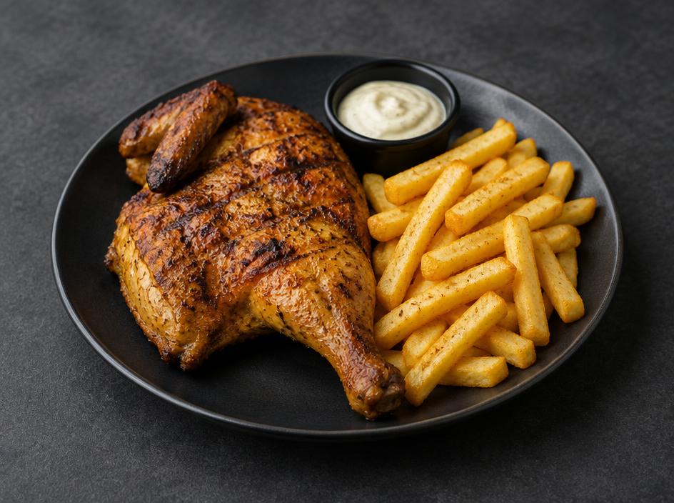 ½ Grillkylling med pommes frites